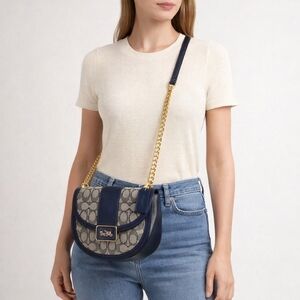 Coach Alie Saddle Crossbody Bag Navy Blue and Gold‎ Signature Jacquard Purse